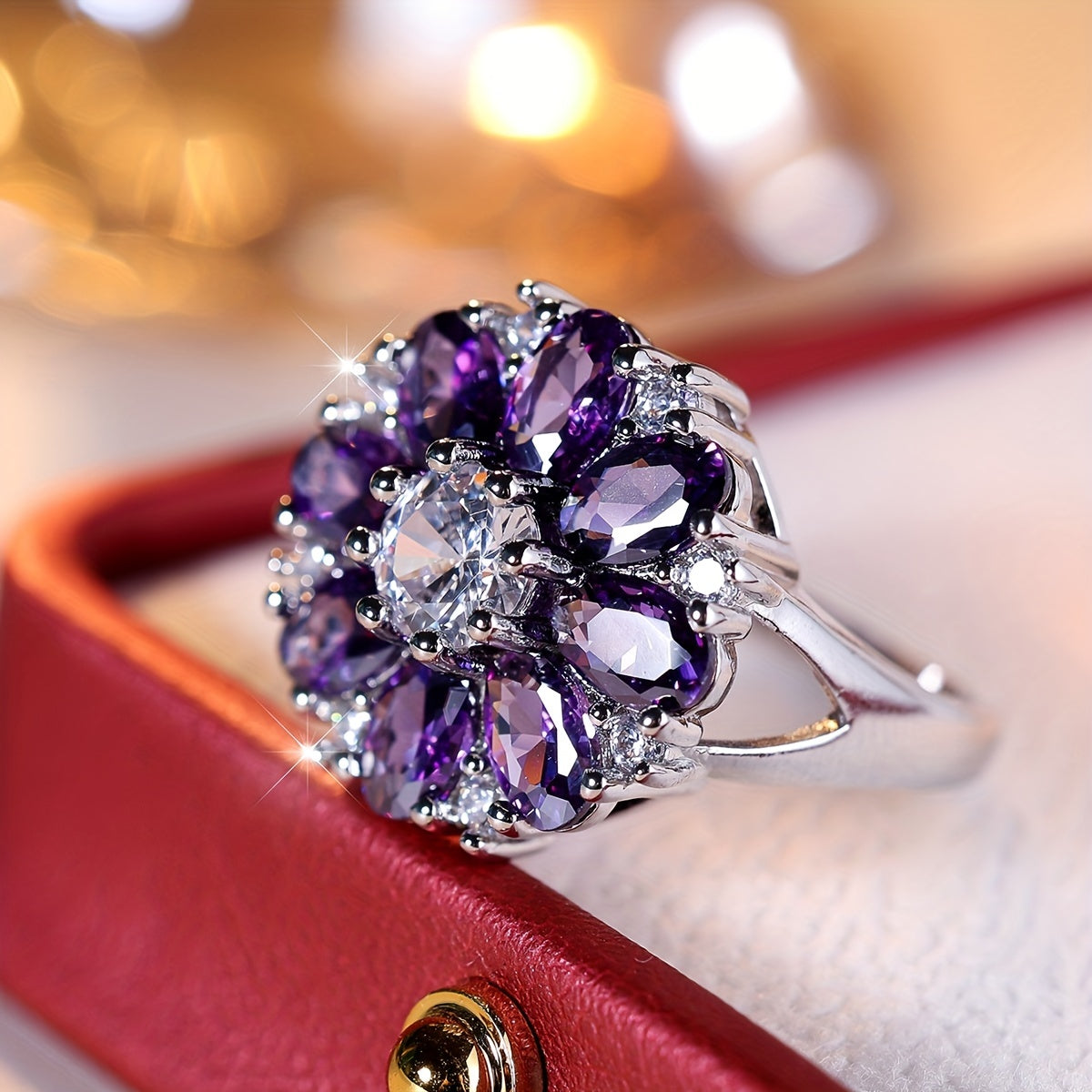 Elegant Stylish Purple Zirconia Flower Ring