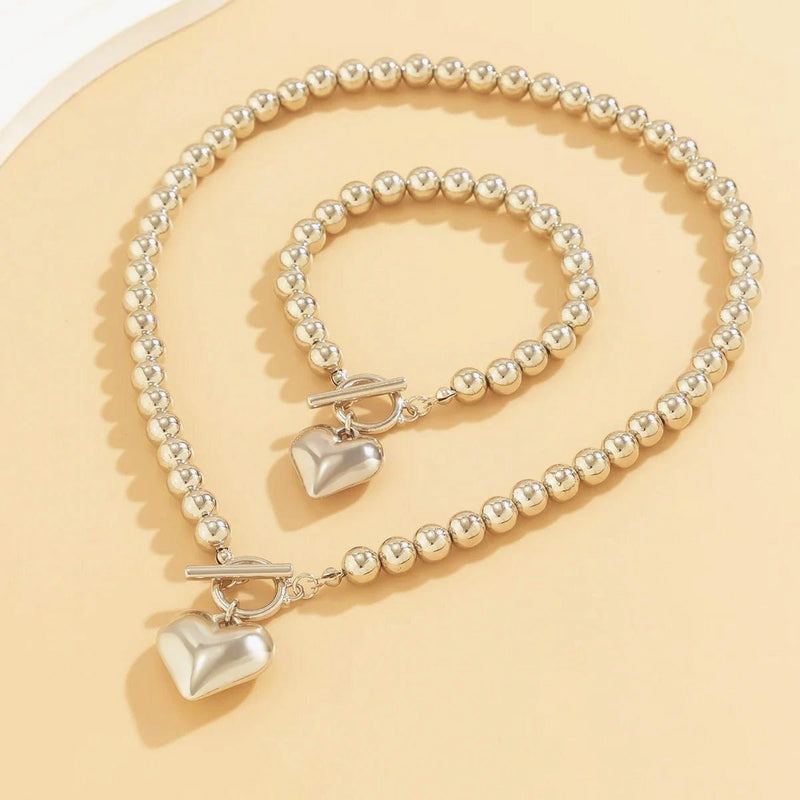 2pc Beaded Heart Pendant Bracelet and Necklace Set
