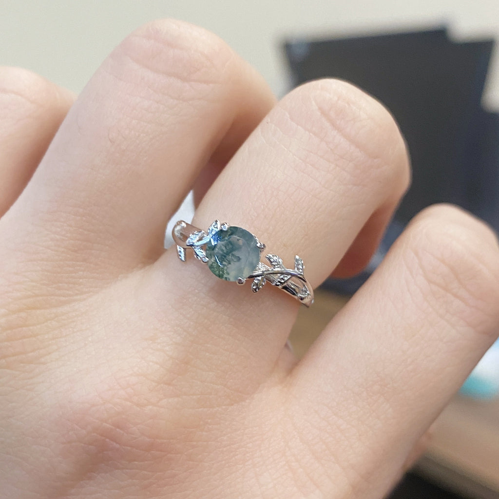 Vintage Silver Round Water Grass Moss Agate Leaf Ring