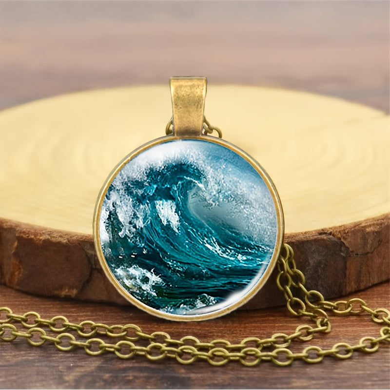 Vintage Ocean Wave Round Pendant Necklace