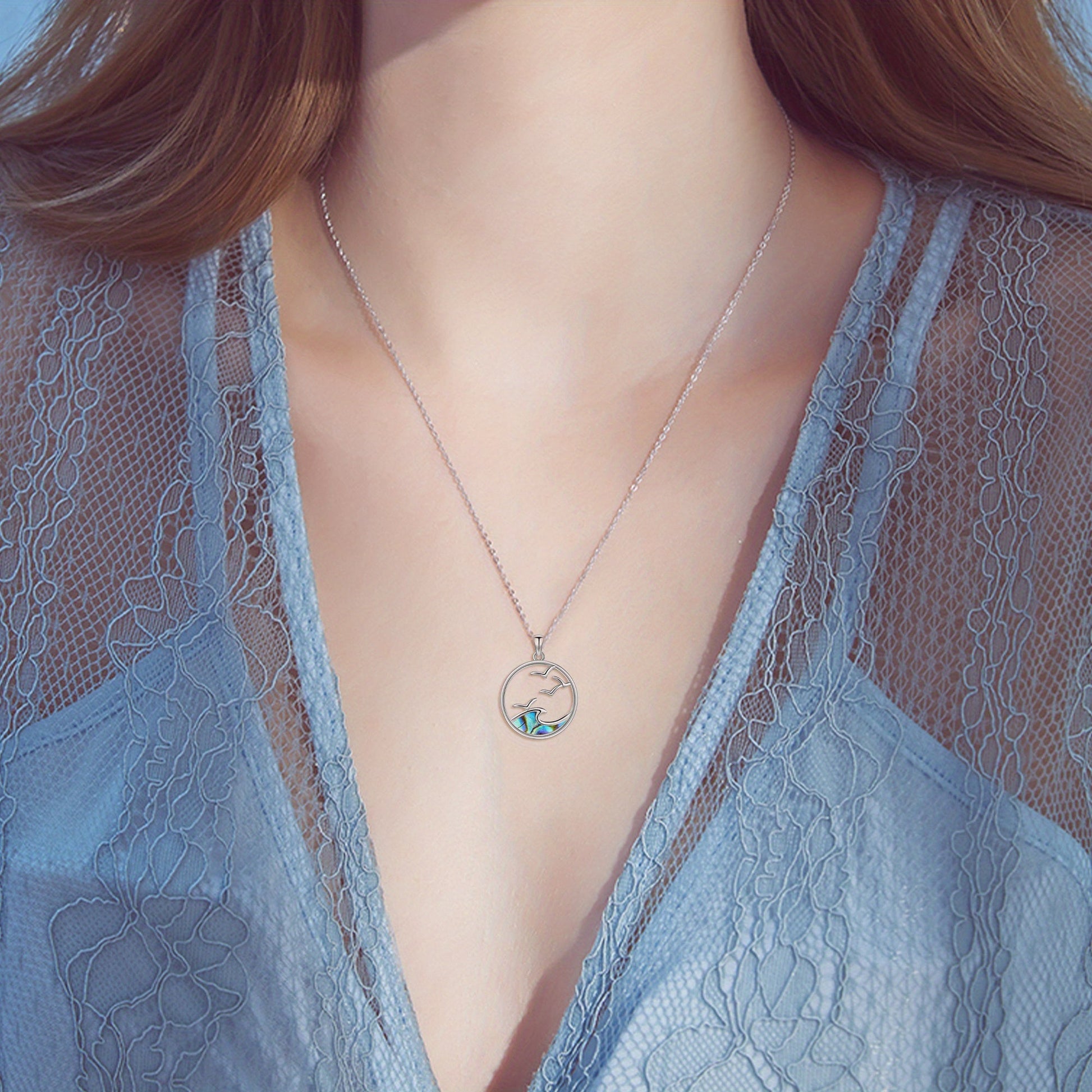 Silver Seagull & Ocean Wave Pendant Necklace