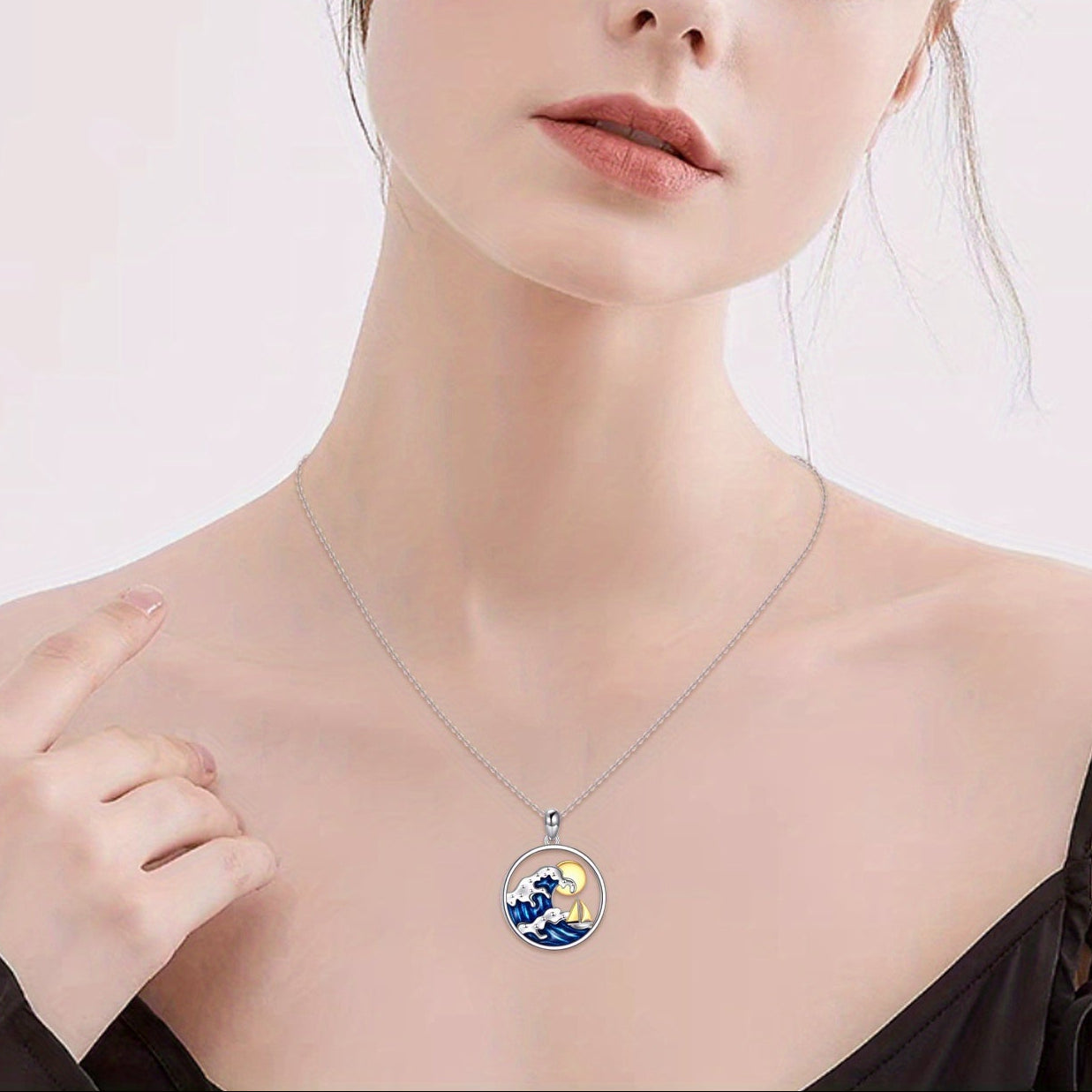 Ocean Wave Sun & Sailboat Pendant Necklace