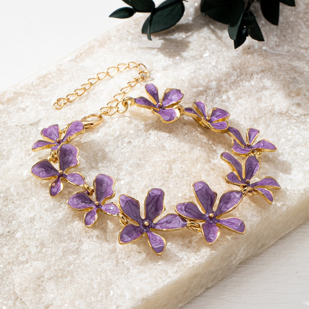 Vintage Style Purple Enamel Flowers Gold Plated Bracelet