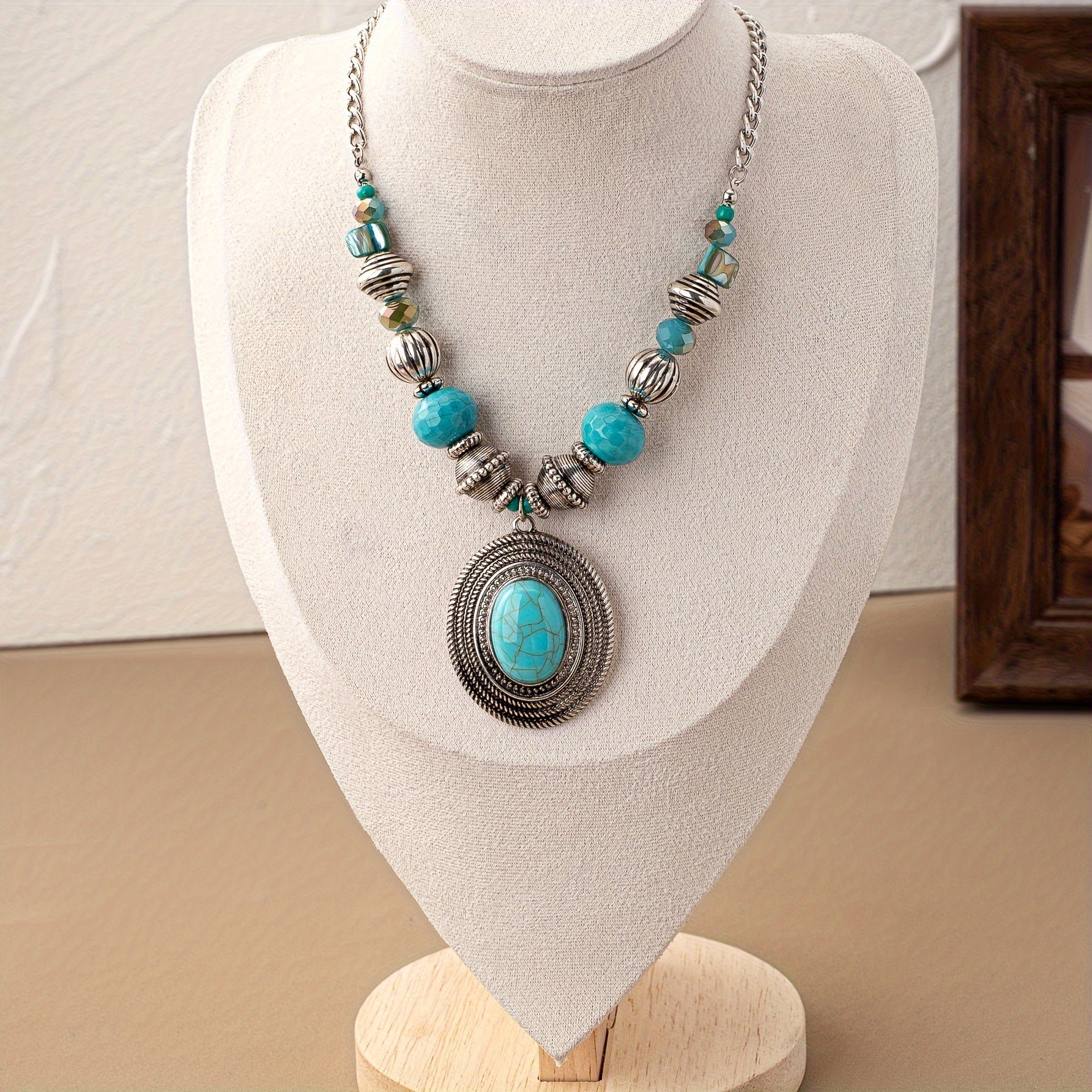 Bohemian Oval Turquoise Beaded Pendant Necklace