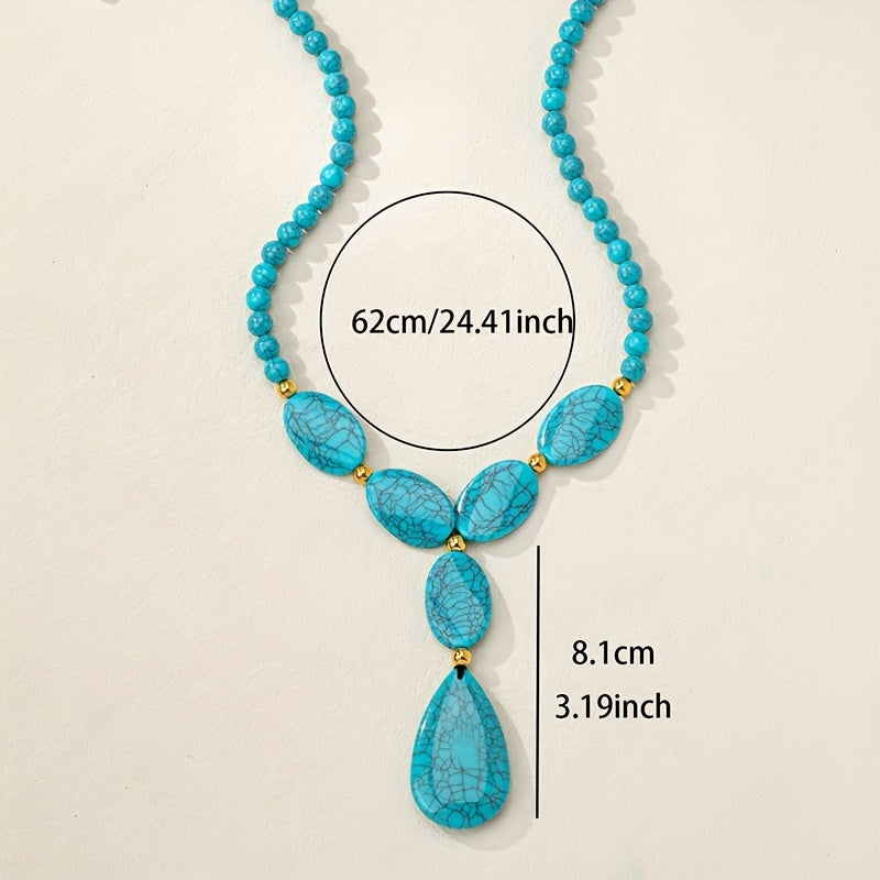Bohemian Geometric Tear Round Turquoise Beaded Necklace