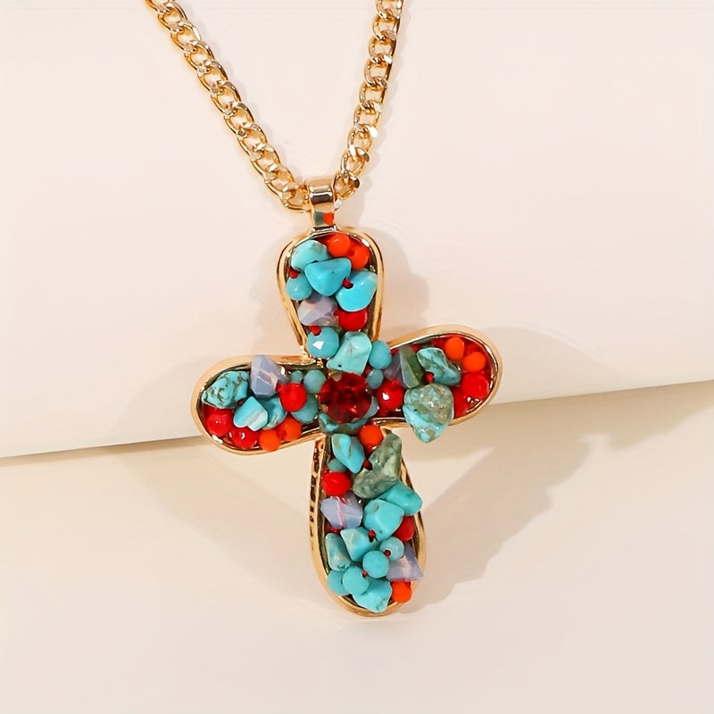 Bohemian Vibrant Colorful Turquoise Cross Pendant Necklace