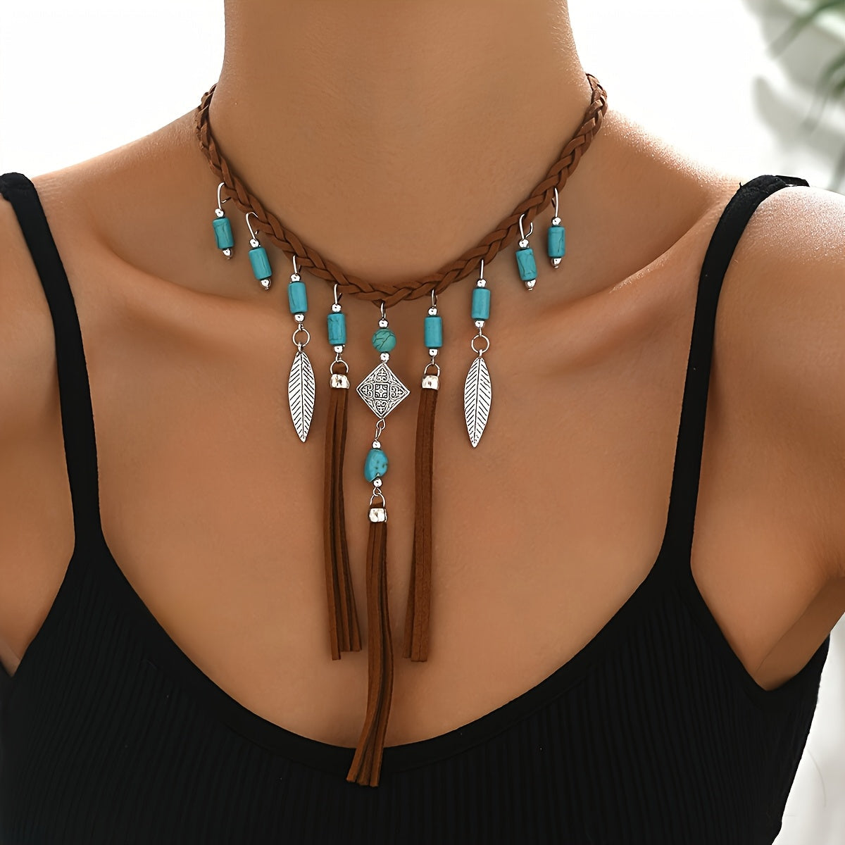 Bohemian Turquoise Beads Silver Feather Tassel Necklace