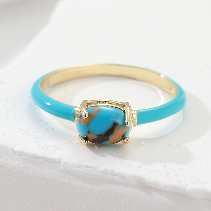 Vintage Enameled Geometric Oval Turquoise Gold Plated Ring