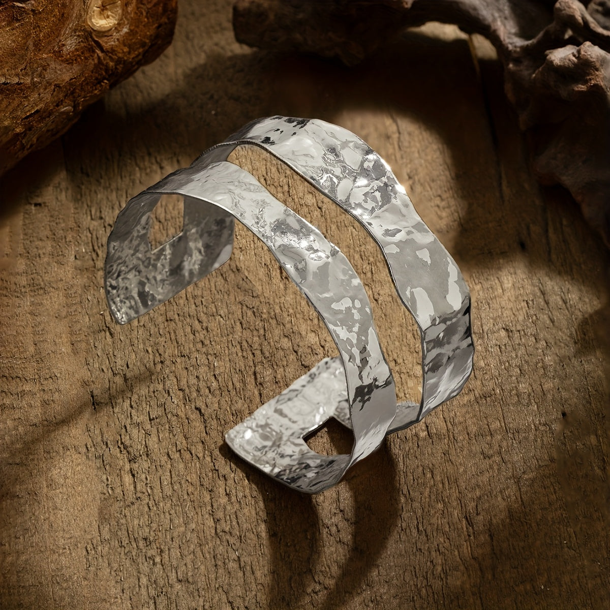 Punk Metal Style Hammered Geometric Open Cuff Bracelet