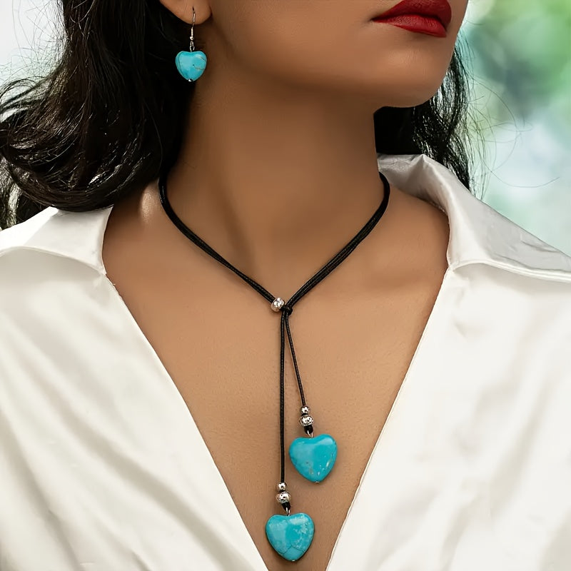 Vintage Bohemian Style Turquoise Heart Necklace and Earring Set
