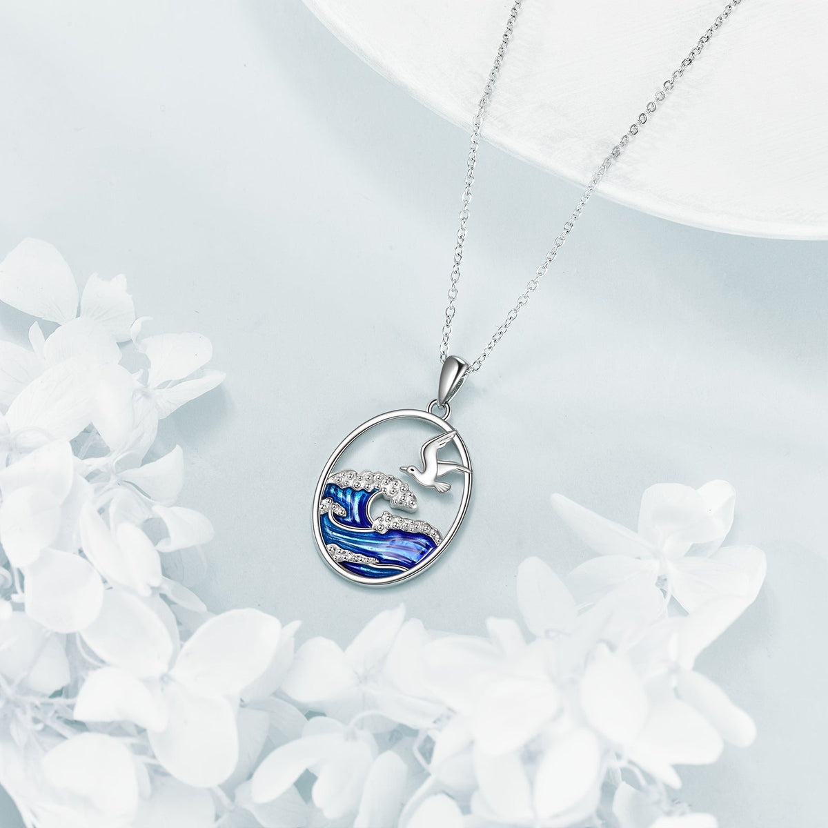 Silver Ocean Wave & Seagull Pendant Necklace