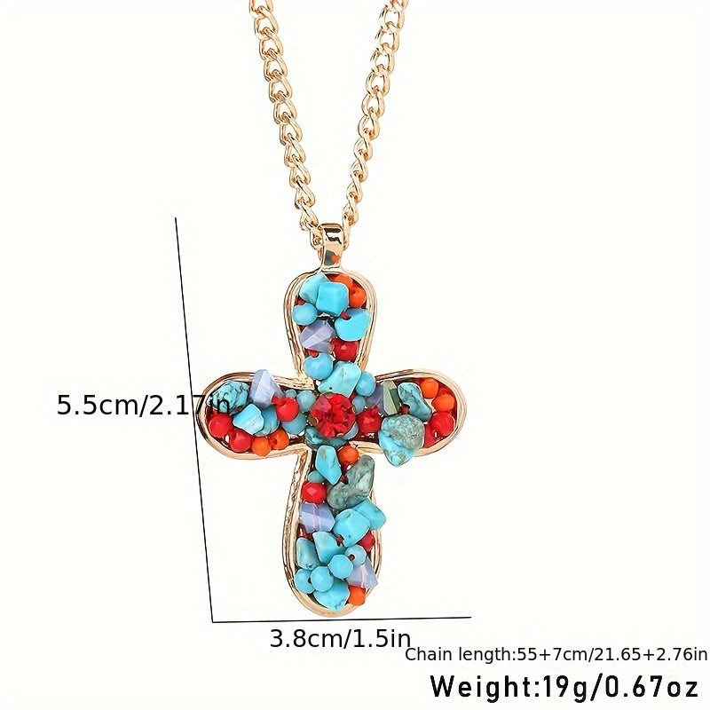 Bohemian Vibrant Colorful Turquoise Cross Pendant Necklace