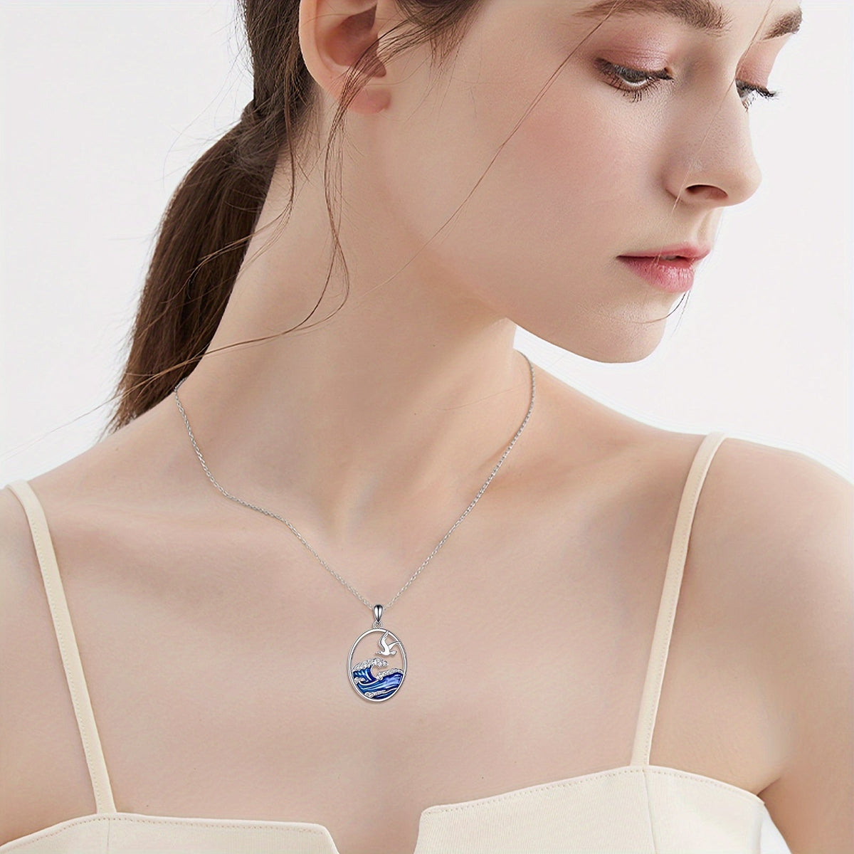Silver Ocean Wave & Seagull Pendant Necklace
