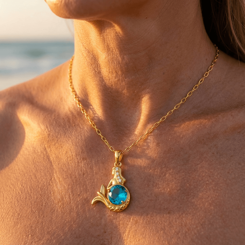 Gold Mermaid Necklace with Blue Crystal