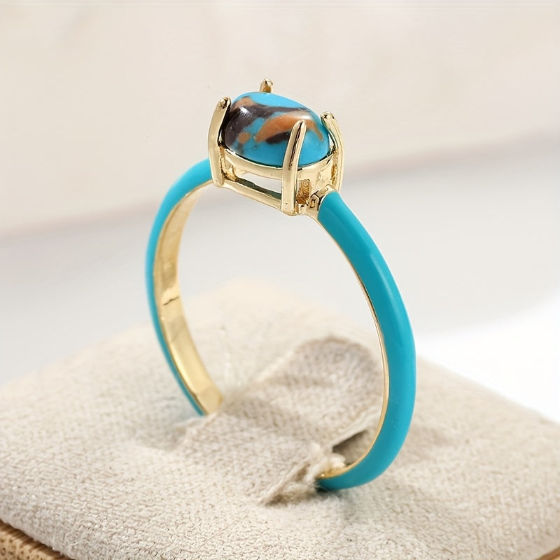 Vintage Enameled Geometric Oval Turquoise Gold Plated Ring