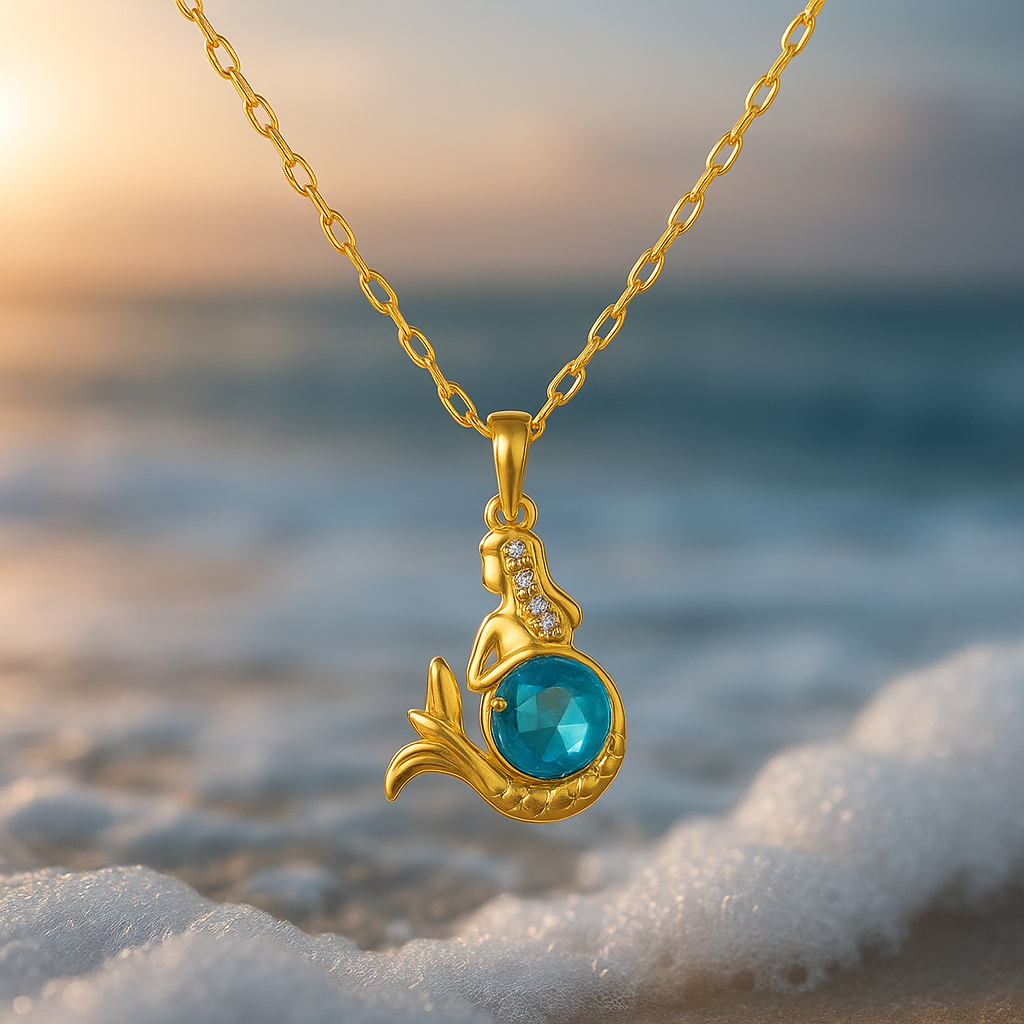 Gold Mermaid Necklace with Blue Crystal