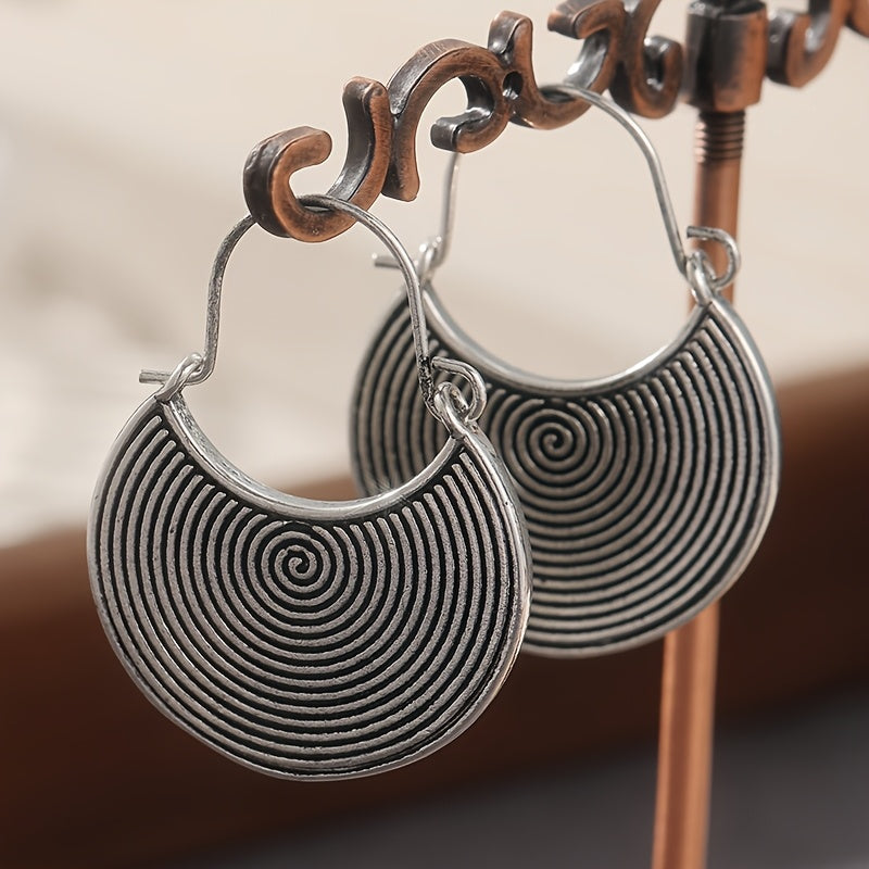Bohemian Spiral Oxidized Dark Disc Silver Plated Earrings