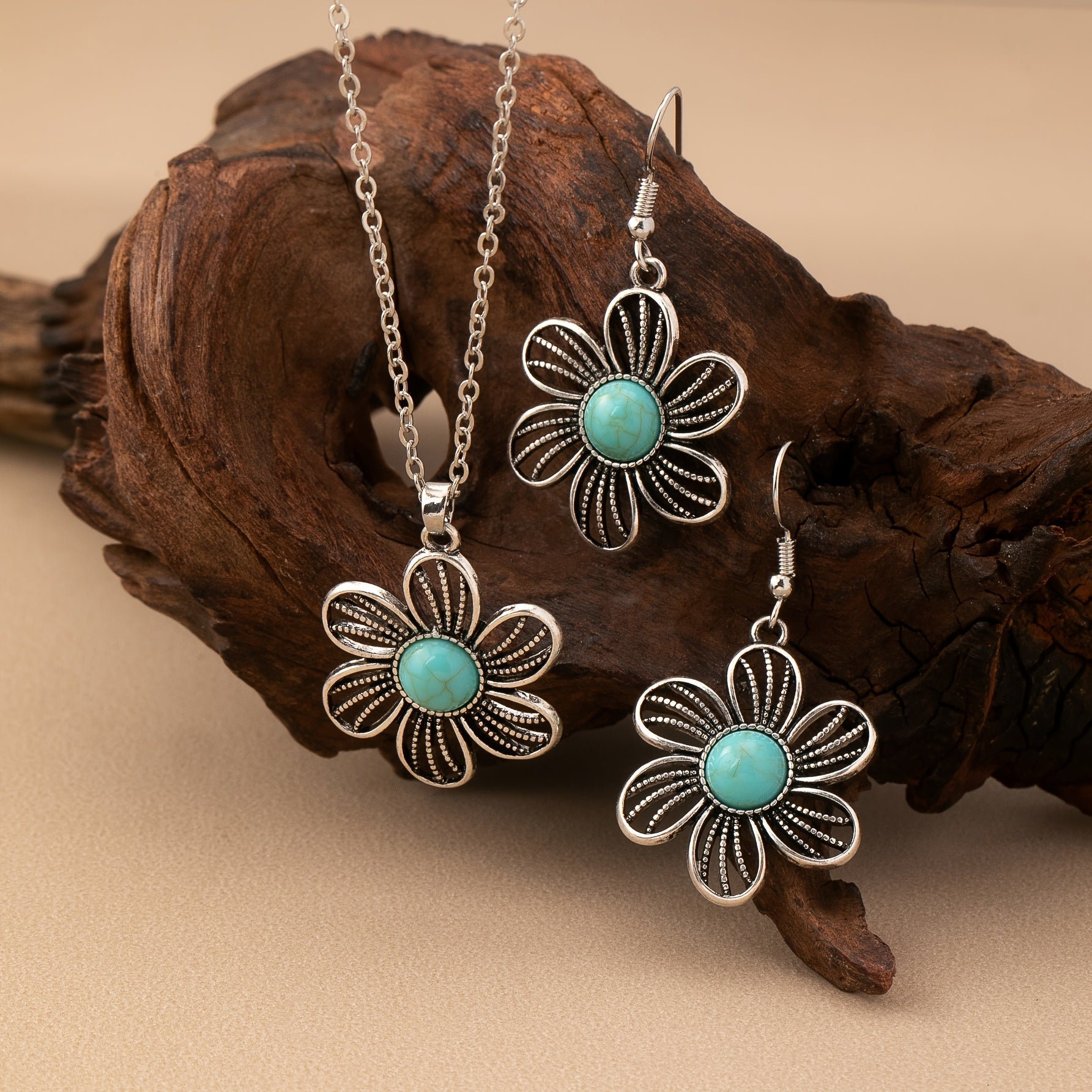 Vintage Turquoise Flower Silver Plated Necklace & Earring Set