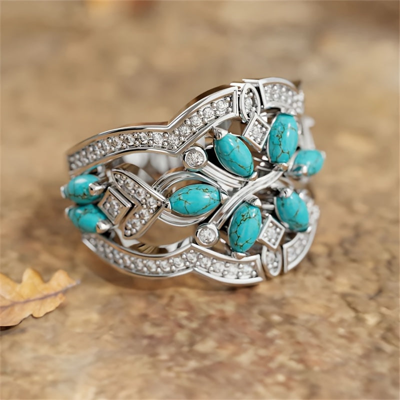Bohemian Retro Art&nbsp;Turquoise & Crystal Statement Ring