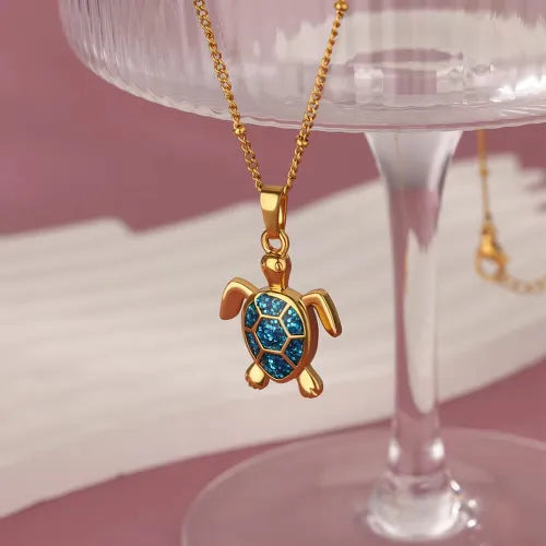 Gold Sea Turtle Necklace with Blue Opal & Crystal Waves
