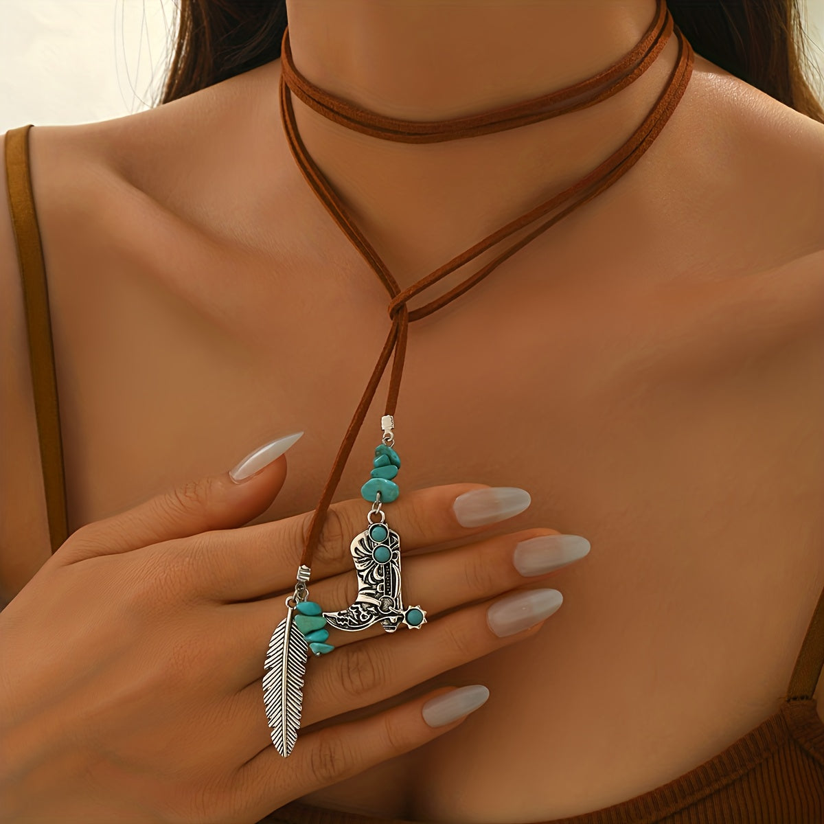 Vintage Bohemian Turquoise Feather Pendant Layered Necklace