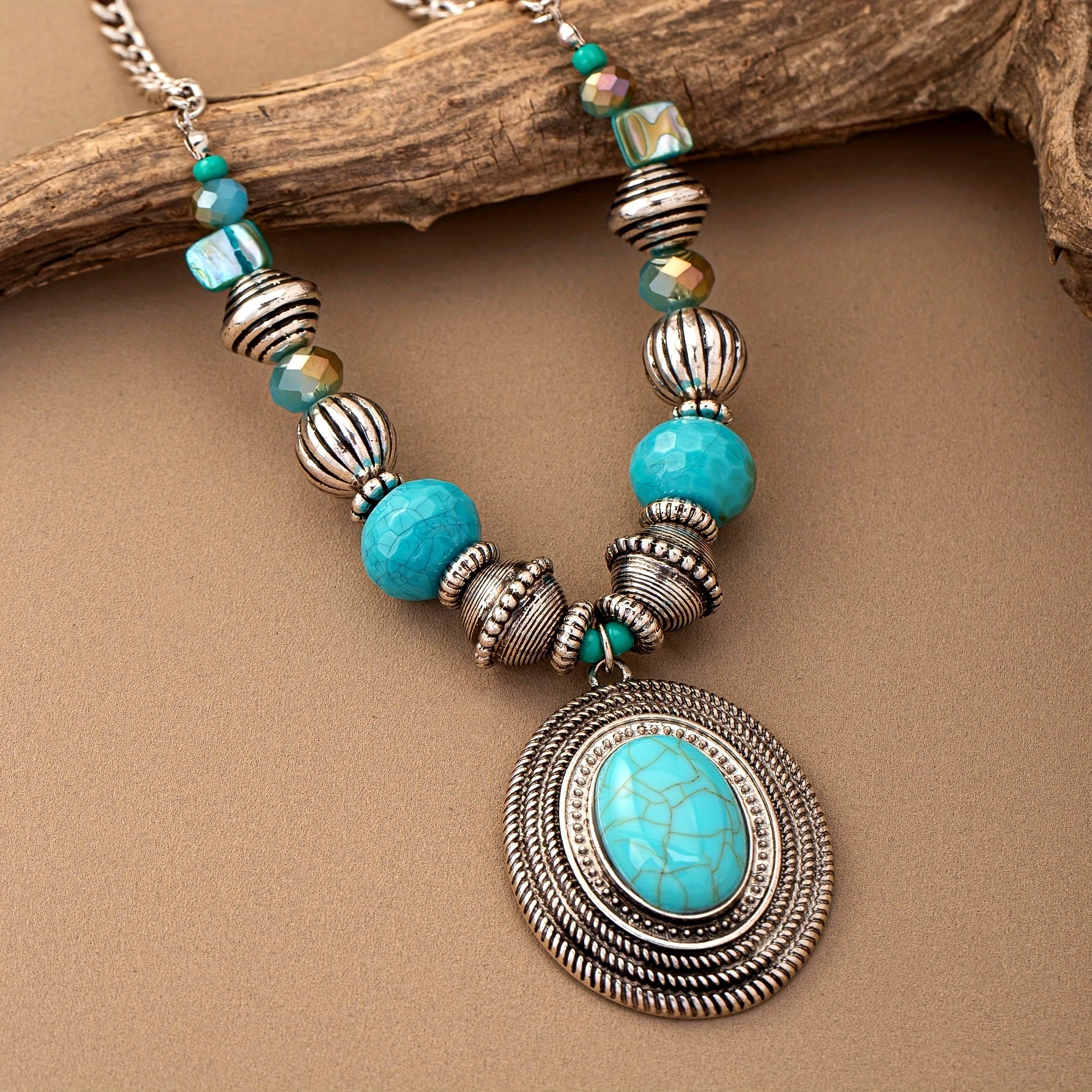 Bohemian Oval Turquoise Beaded Pendant Necklace