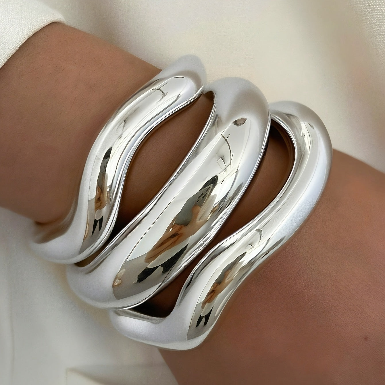 Vintage Sculptural Silver Plated Plastic Bangle Cuff Bracelet