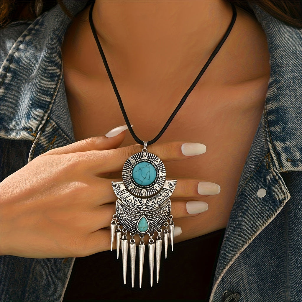Bohemian Spike Tassel Design Turquoise Pendant Necklace