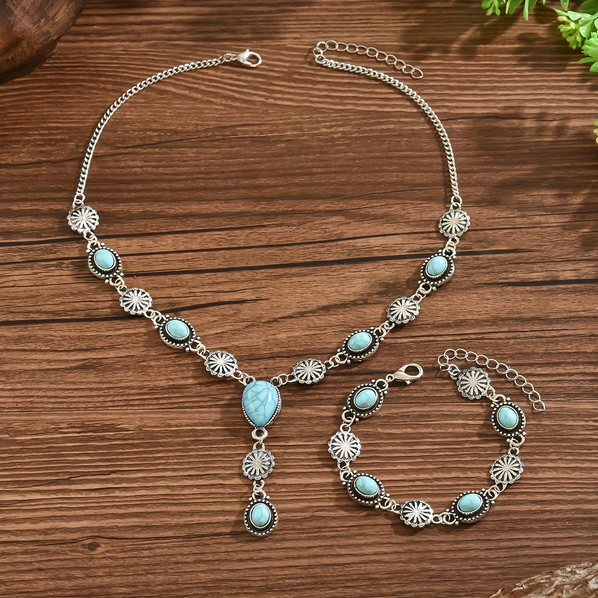 Bohemian Turquoise & Silver Floral Necklace and Bracelet Set