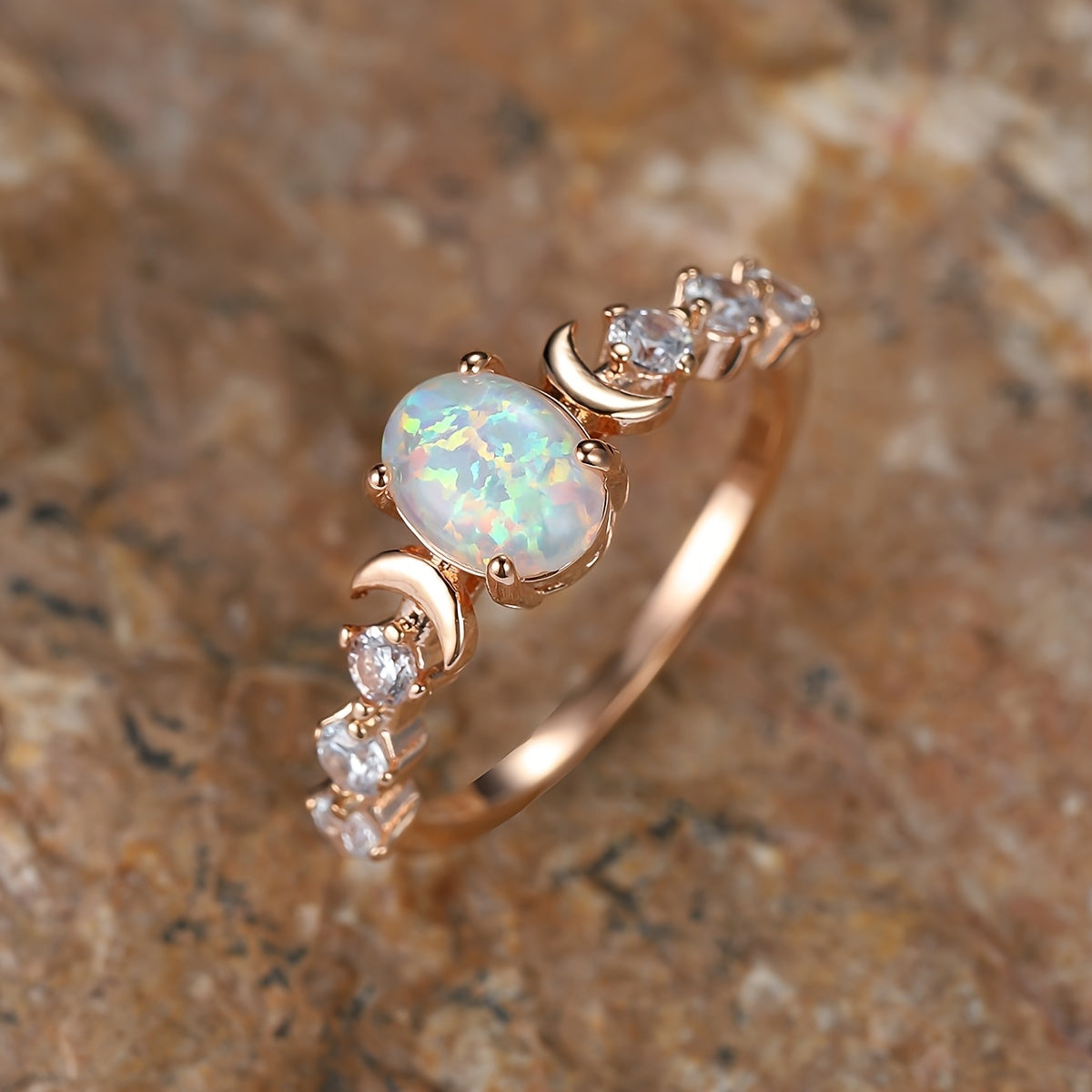 Elegant Rainbow White Fire Opal Small Moon Gold Plated Rings