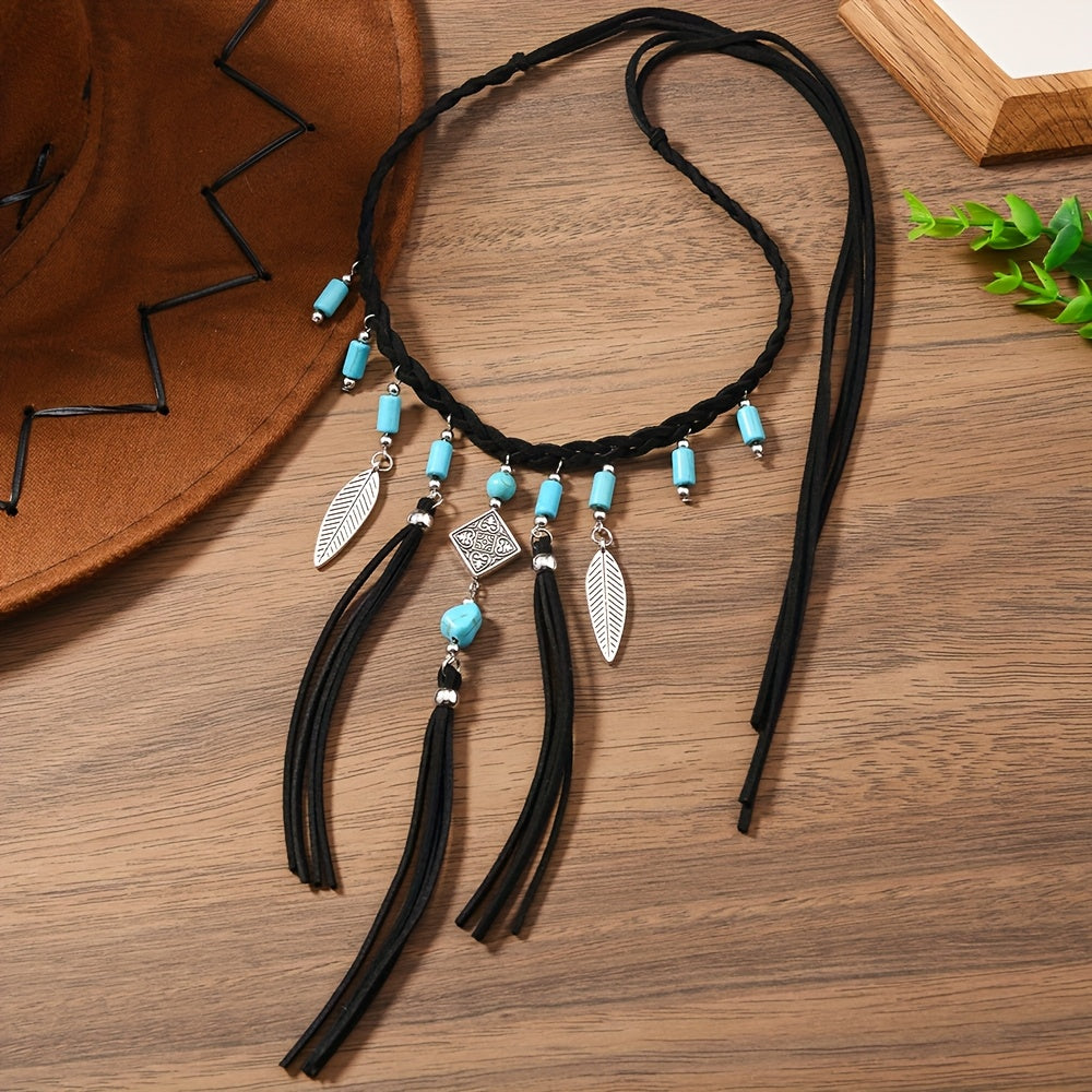 Bohemian Turquoise Beads Silver Feather Tassel Necklace