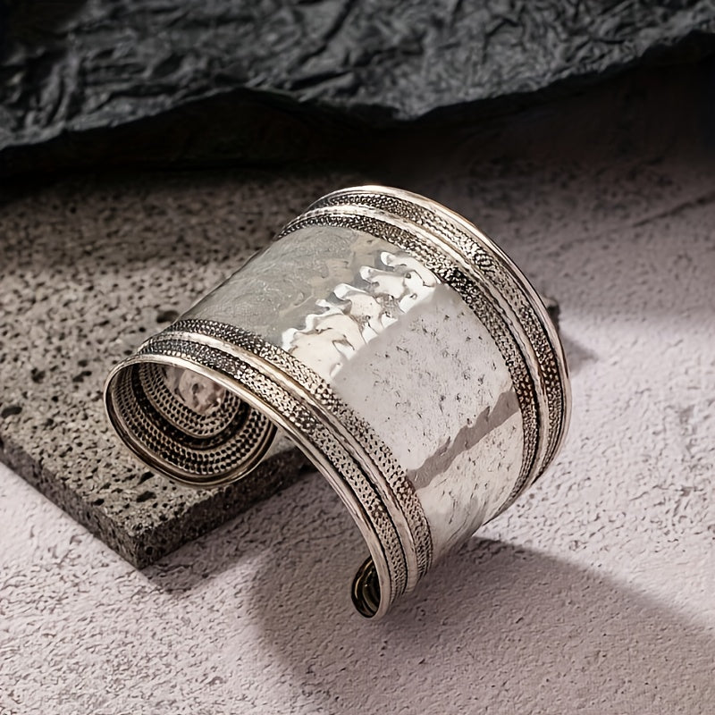 Vintage Boho Hammered Silver Plated Wide Cuff Bracelet