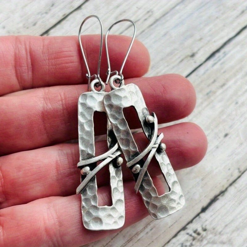 Bohemian Long Hammered Silvery Dangle Earrings