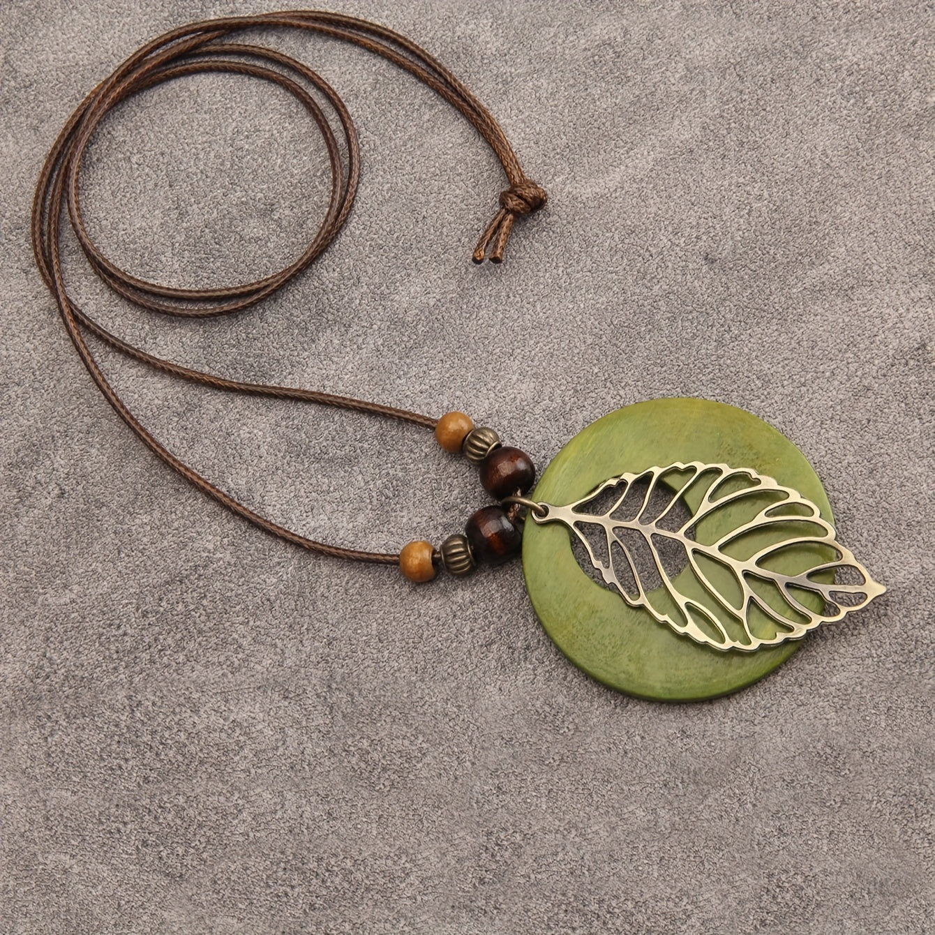 Bohemian Wax Rope Leaf Shaped Pendant Long Necklace