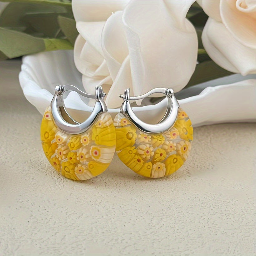 Vintage Vibrant Glass Floral Bead Dangle Earrings