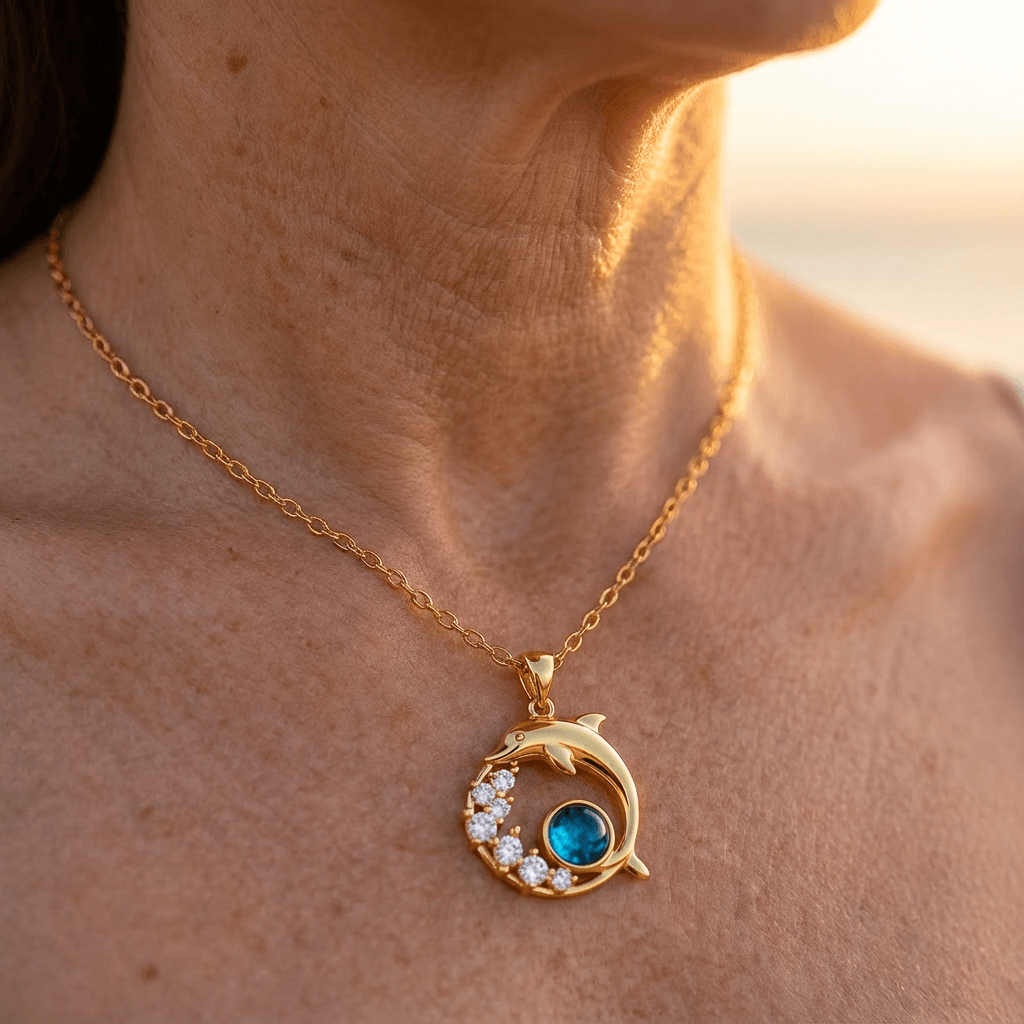 Gold Dolphin Necklace with Blue Crystal & Sparkling Accents
