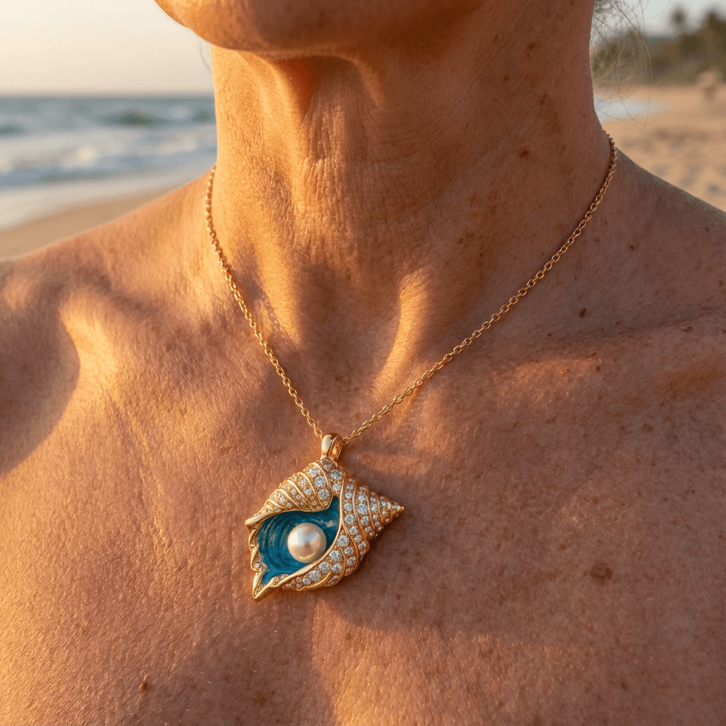 Gold Seashell Necklace with Pearl & Blue Enamel Detail