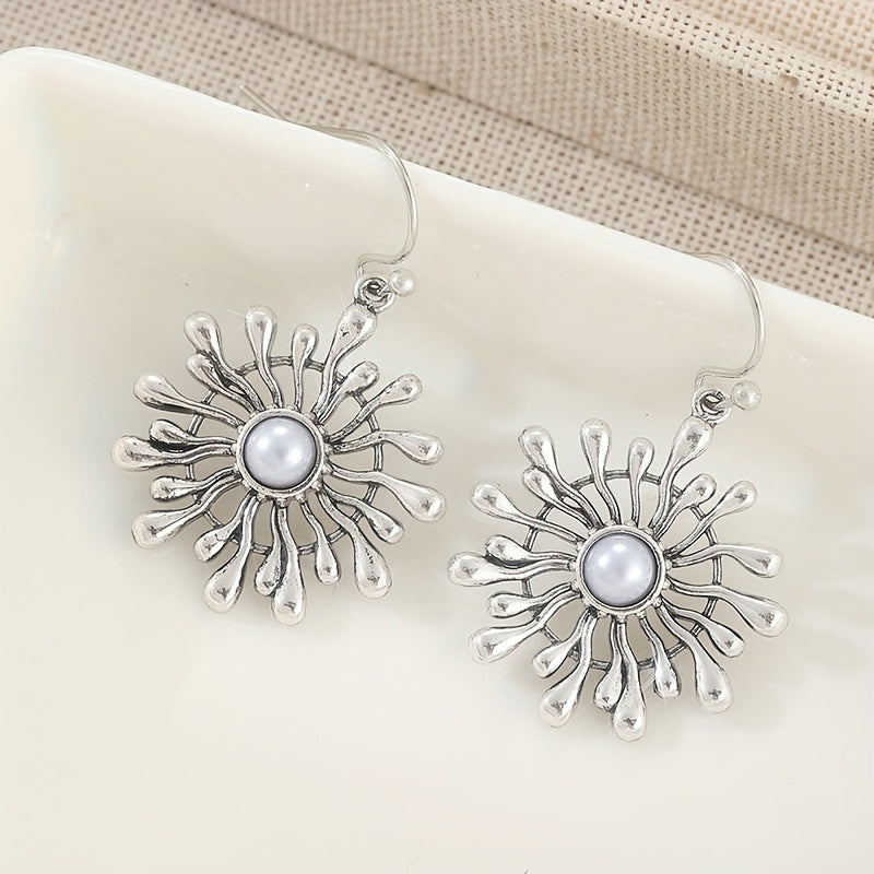 Elegant Bohemian Sunburst Pearl Drop Earrings