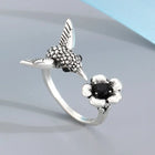 Vintage Adjustable Silver Plated Hummingbird & Flower Open Ring