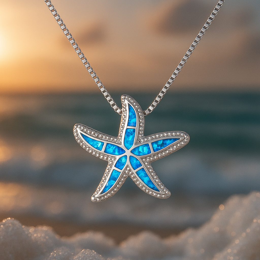 Silver Starfish Necklace with Blue Opal