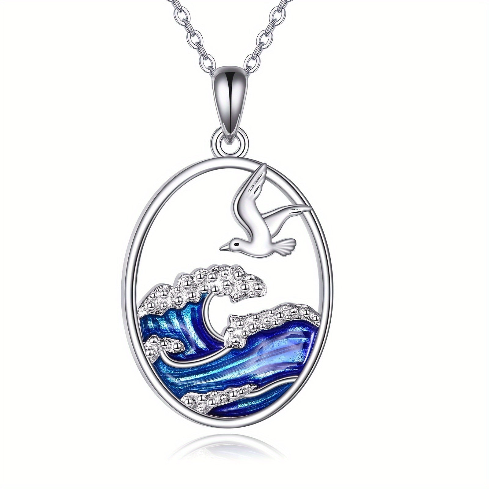 Silver Ocean Wave & Seagull Pendant Necklace