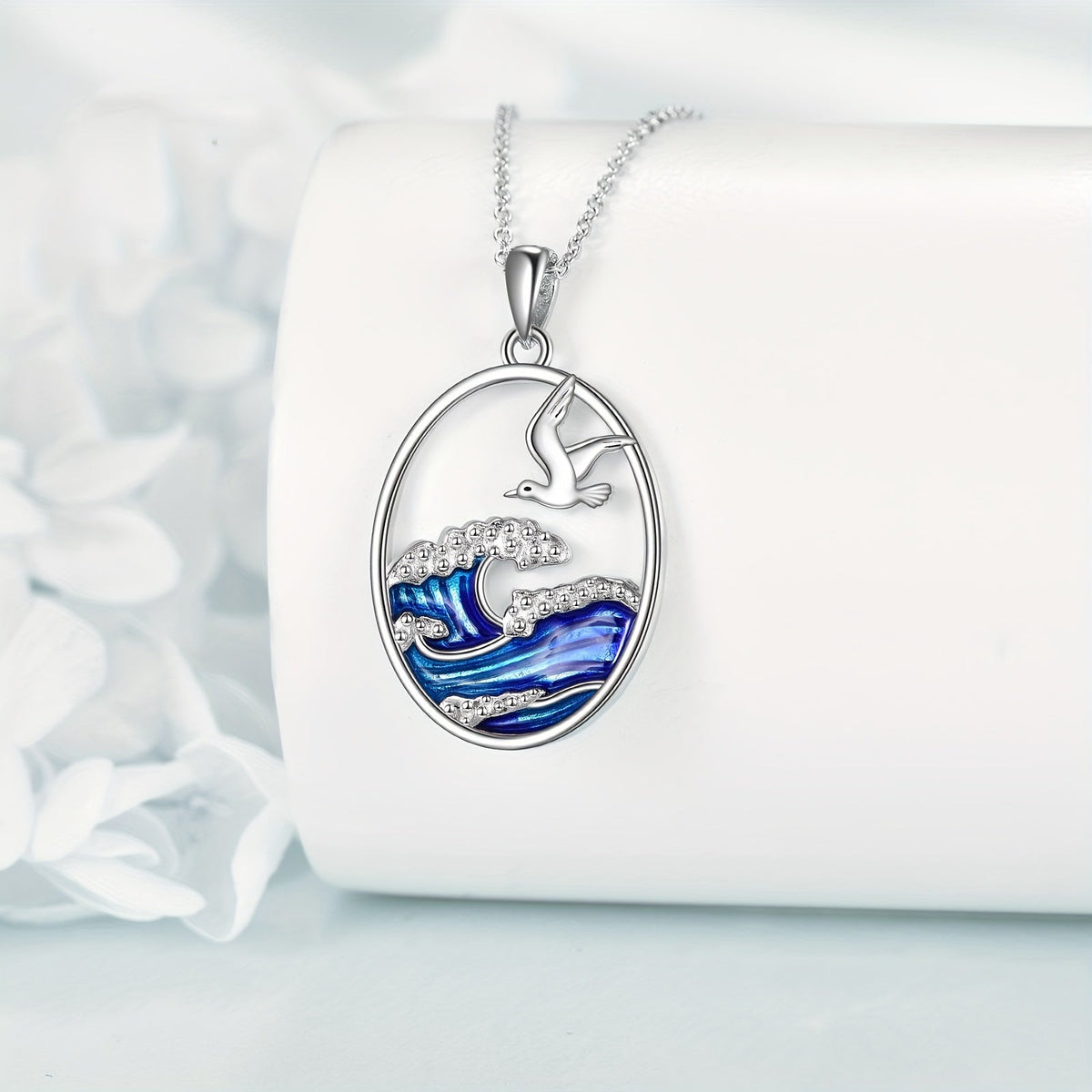 Silver Ocean Wave & Seagull Pendant Necklace