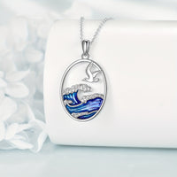 Silver Ocean Wave & Seagull Pendant Necklace