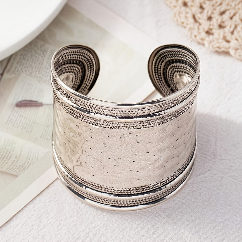 Vintage Boho Hammered Silver Plated Wide Cuff Bracelet