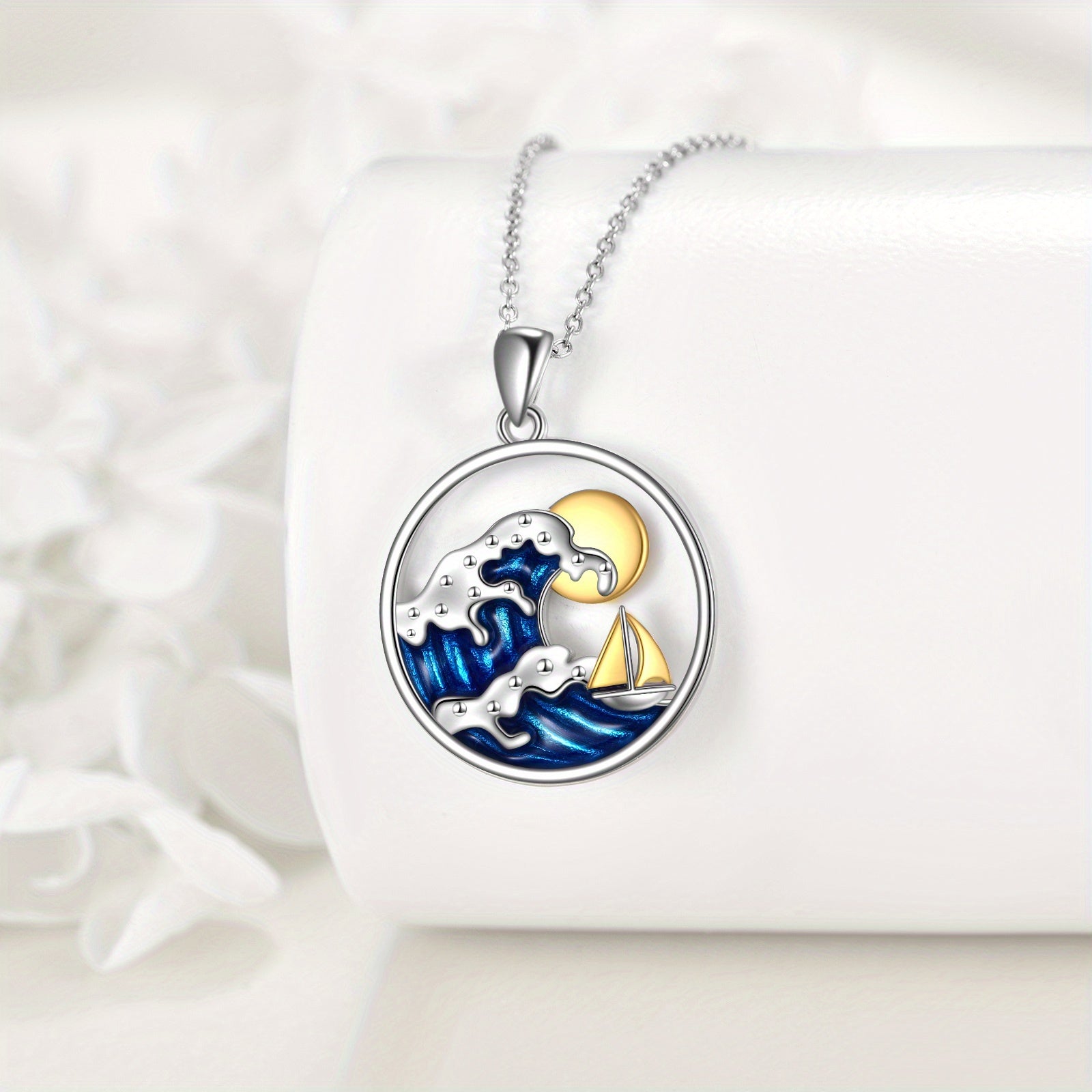Ocean Wave Sun & Sailboat Pendant Necklace