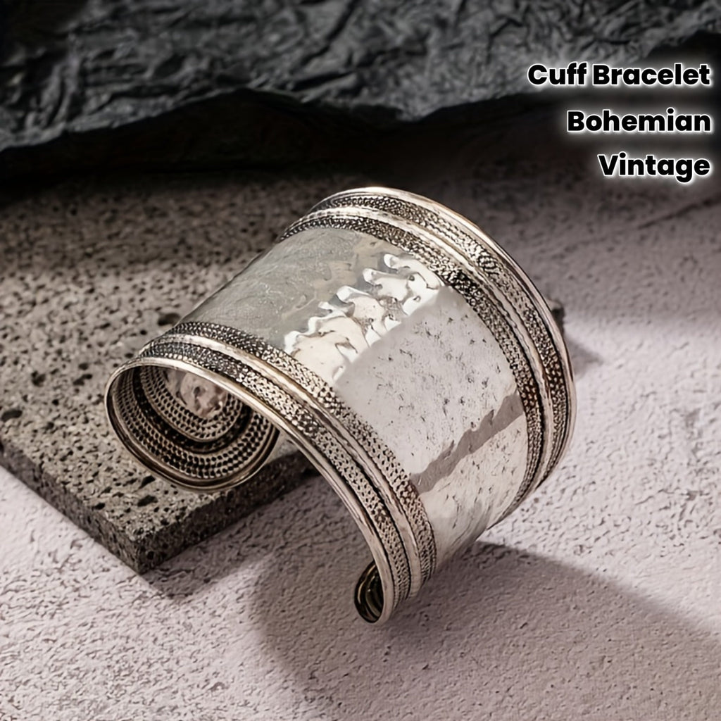 Vintage Boho Hammered Silver Plated Wide Cuff Bracelet