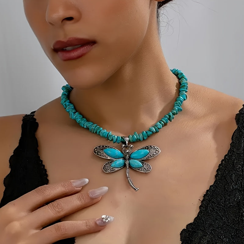 Vintage Boho Turquoise Beaded Dragonfly Pendant Necklace
