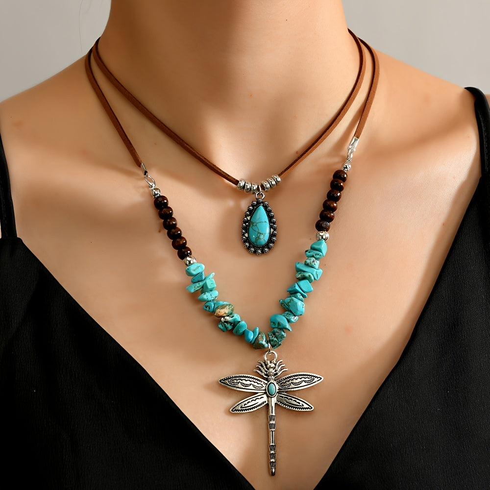 Bohemian Two Piece Turquoise Dragonfly Layered Necklace