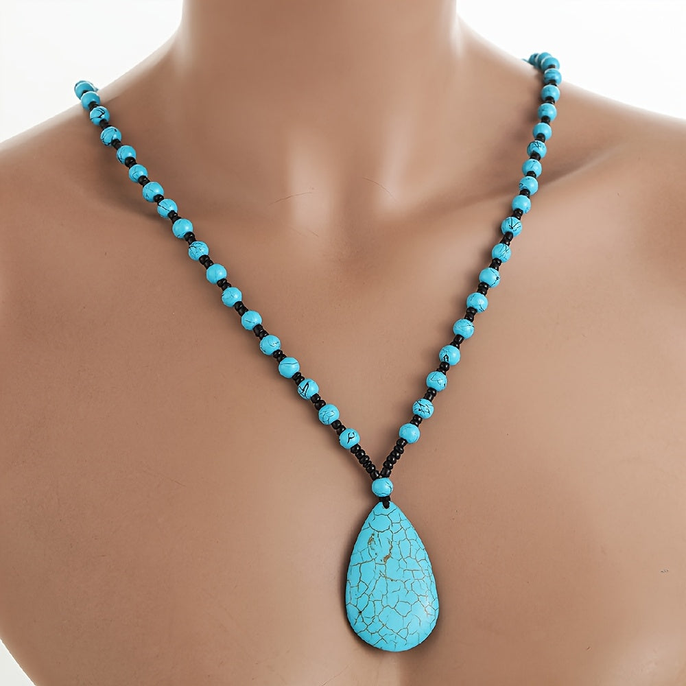 Bohemian Turquoise Beaded Large Teardrop Pendant Necklace