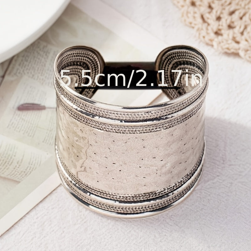 Vintage Boho Hammered Silver Plated Wide Cuff Bracelet